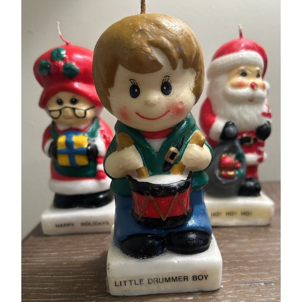 Vtg Christmas Candles Hand Painted‎ Figures set of 3 Santa Mrs Claus Drummer Boy - Picture 2 of 16
